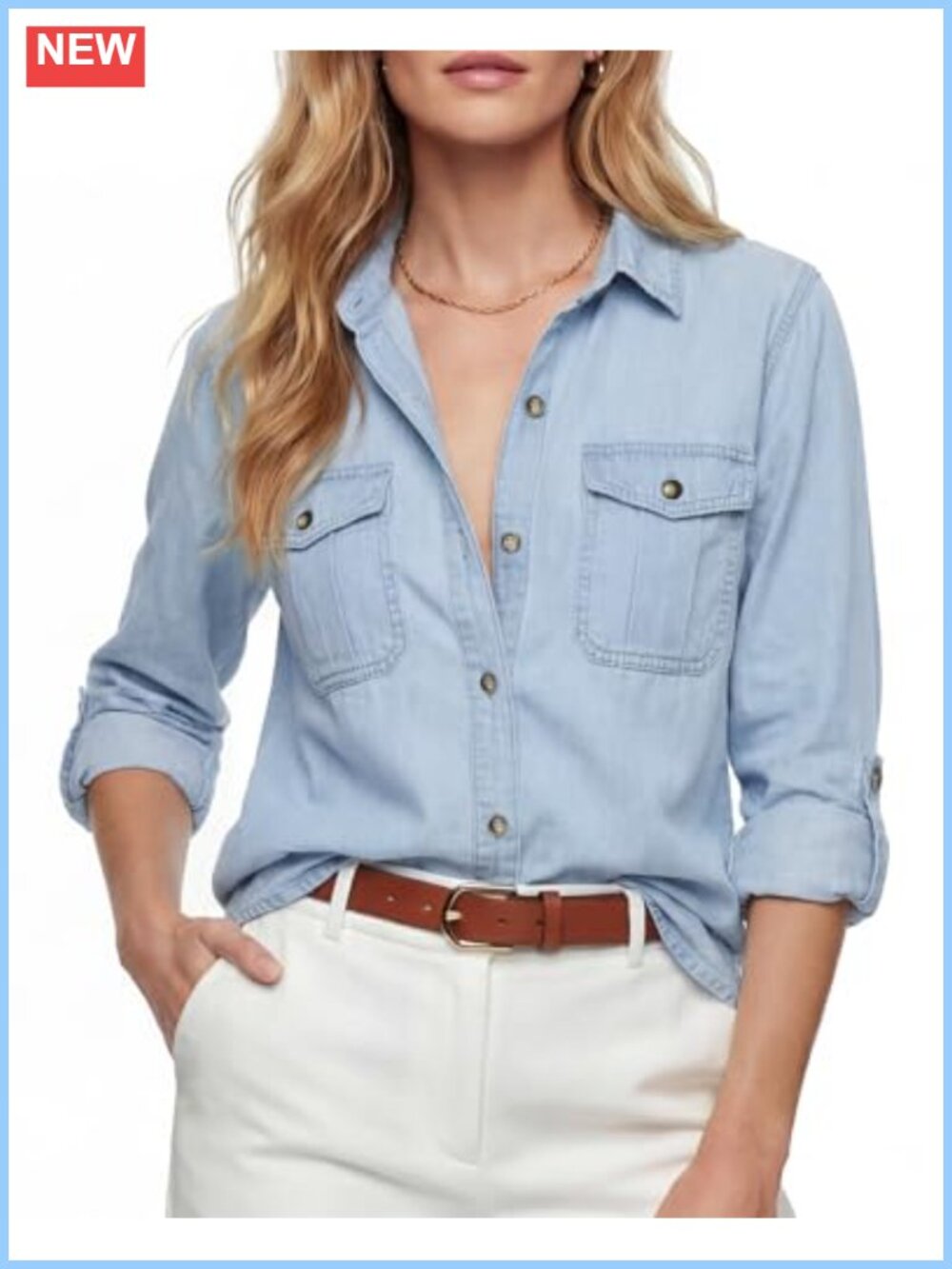 Women's Button Down Denim Shirt Chambray Long Sleeve Casual Jean Top